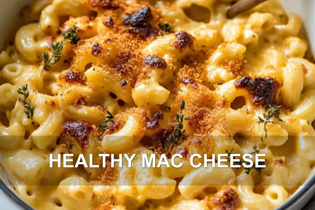 HEALTHY MAC CHEESE centered hero view, clean and uncluttered