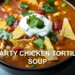 HEARTY CHICKEN TORTILLA SOUP centered hero view, clean and uncluttered