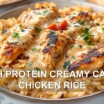 HIGH PROTEIN CREAMY CAJUN CHICKEN RICE centered hero view, clean and uncluttered