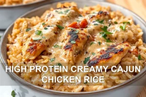 High Protein Creamy Cajun Chicken Rice Recipe to Love HIGH PROTEIN CREAMY CAJUN CHICKEN RICE centered hero view, clean and uncluttered