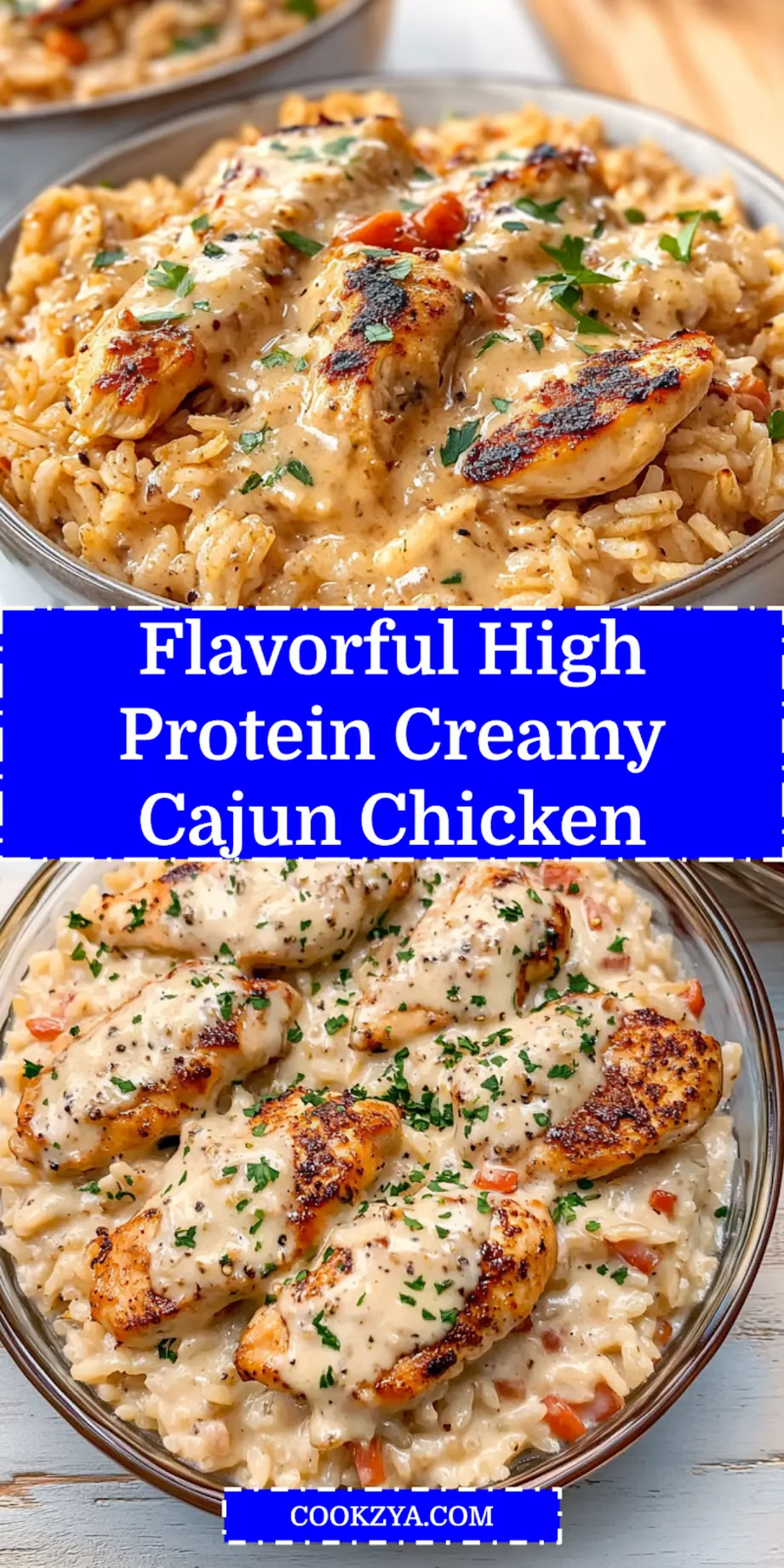 High Protein Creamy Cajun Chicken Rice Recipe to Love 6 A beautifully plated serving of High Protein Creamy Cajun Chicken Rice, garnished with fresh herbs, ready to be shared on social media.
