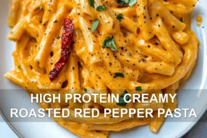 High-Protein Creamy Roasted Pepper Pasta: Easy Delicious Recipe HIGH PROTEIN CREAMY ROASTED RED PEPPER PASTA centered hero view, clean and uncluttered