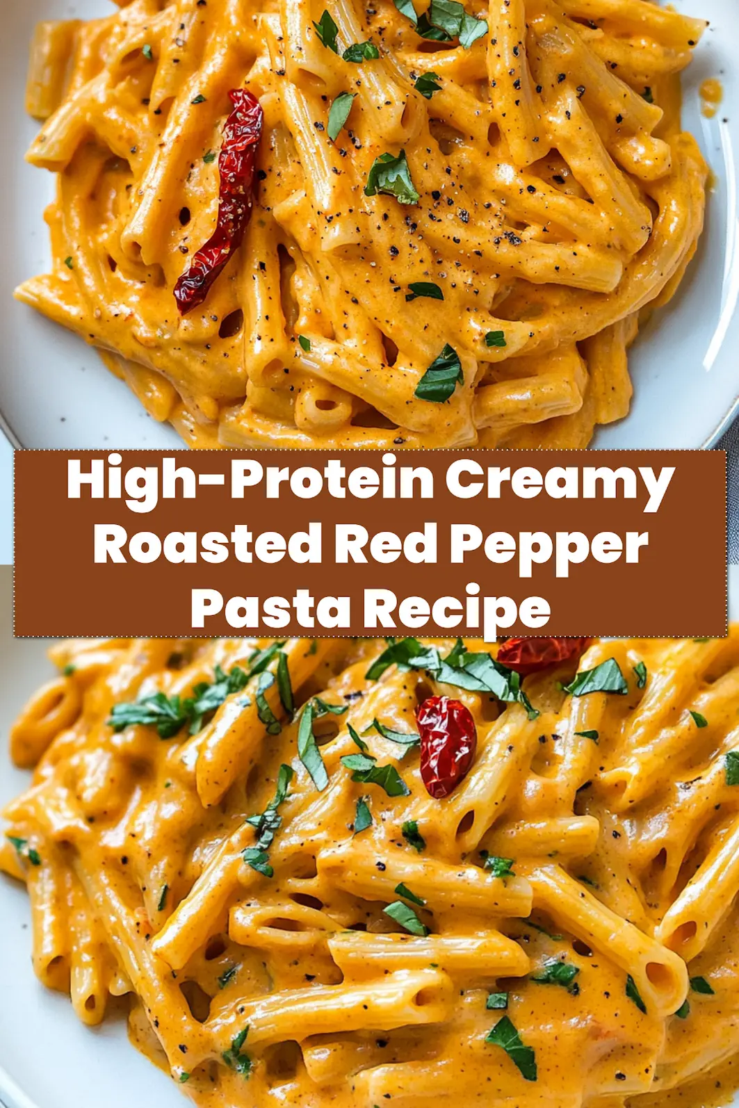 HIGH PROTEIN CREAMY ROASTED RED PEPPER PASTA centered hero view, clean and uncluttered_pin