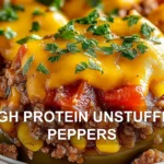 HIGH PROTEIN UNSTUFFED PEPPERS centered hero view, clean and uncluttered