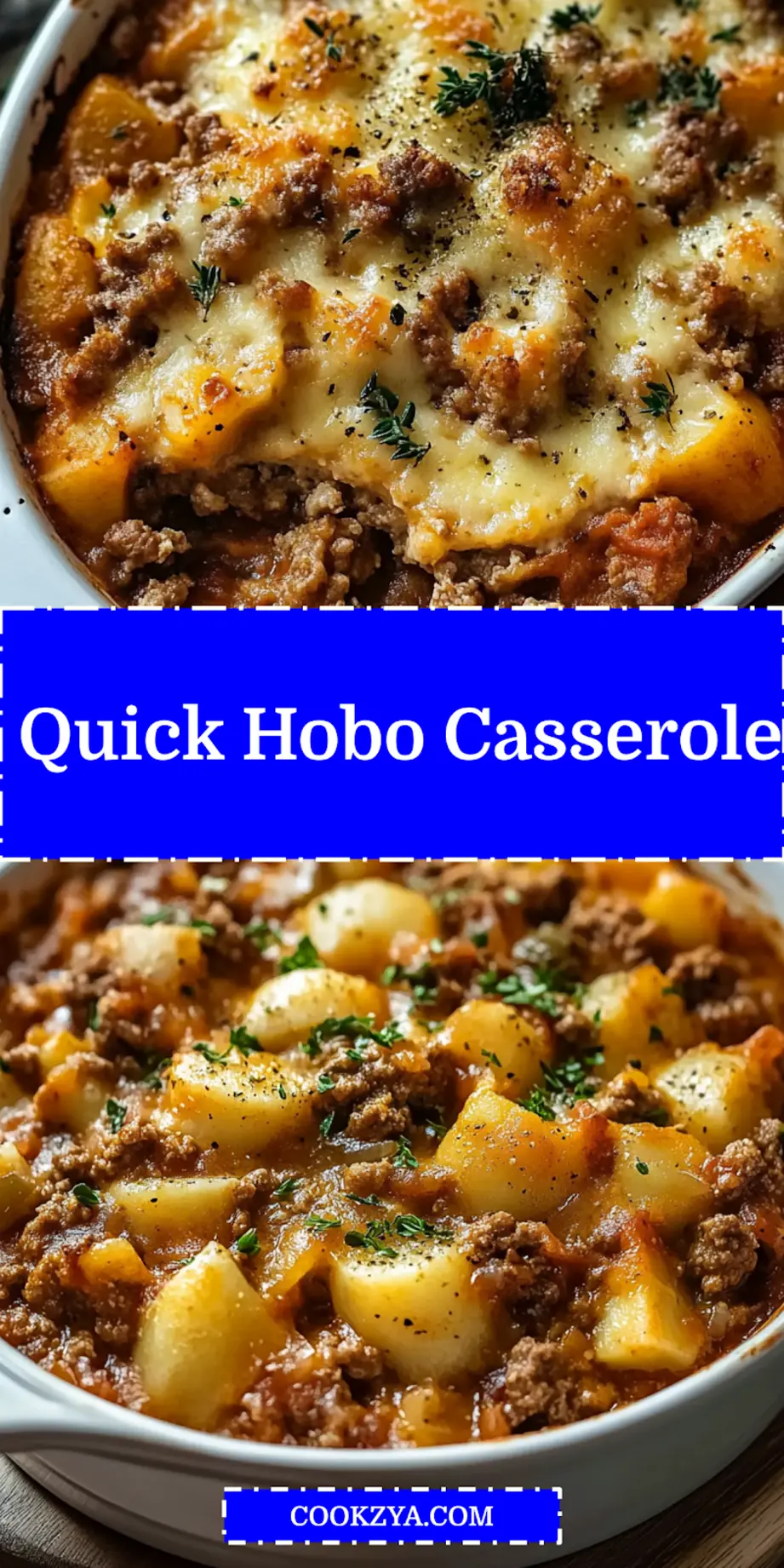 A beautifully baked Hobo Casserole in a 9x13 inch baking dish, showing golden melted cheddar cheese and tender layers of ground beef and potatoes, ready to be served.