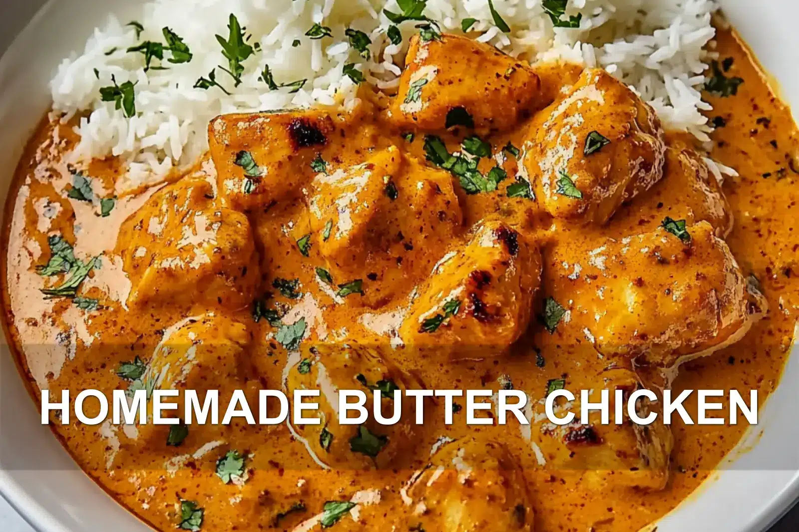 HOMEMADE BUTTER CHICKEN centered hero view, clean and uncluttered