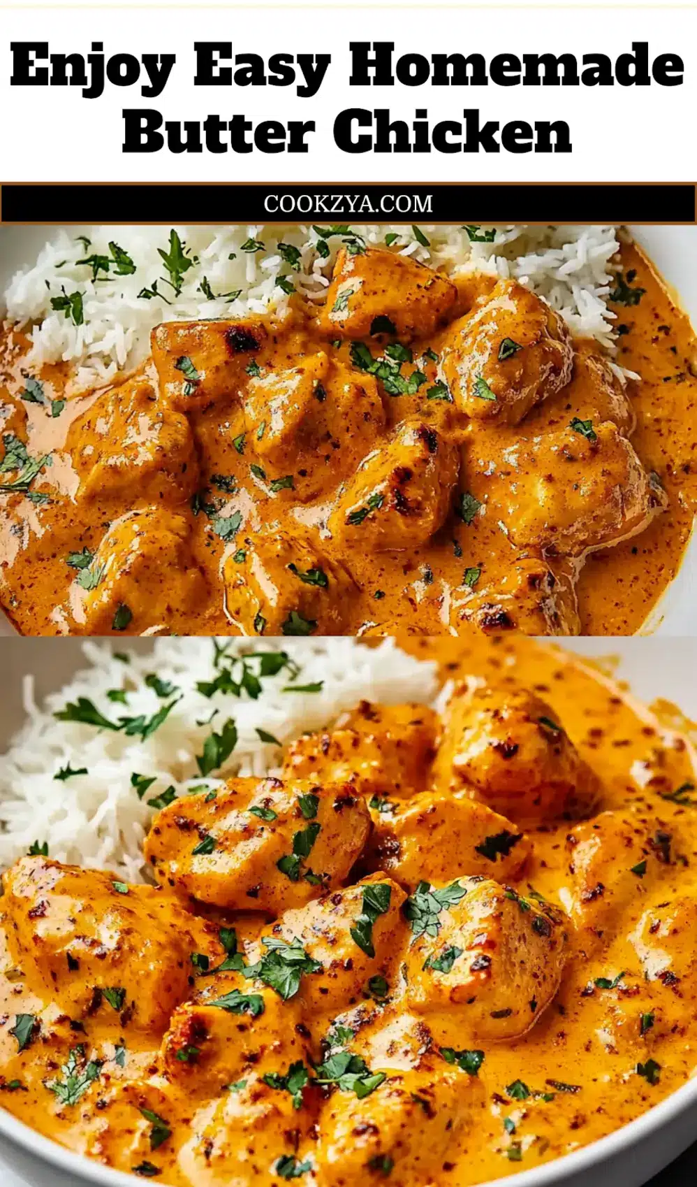 Close-up shot of creamy Homemade Butter Chicken in a rustic bowl, garnished with cilantro, perfect for a Pinterest pin
