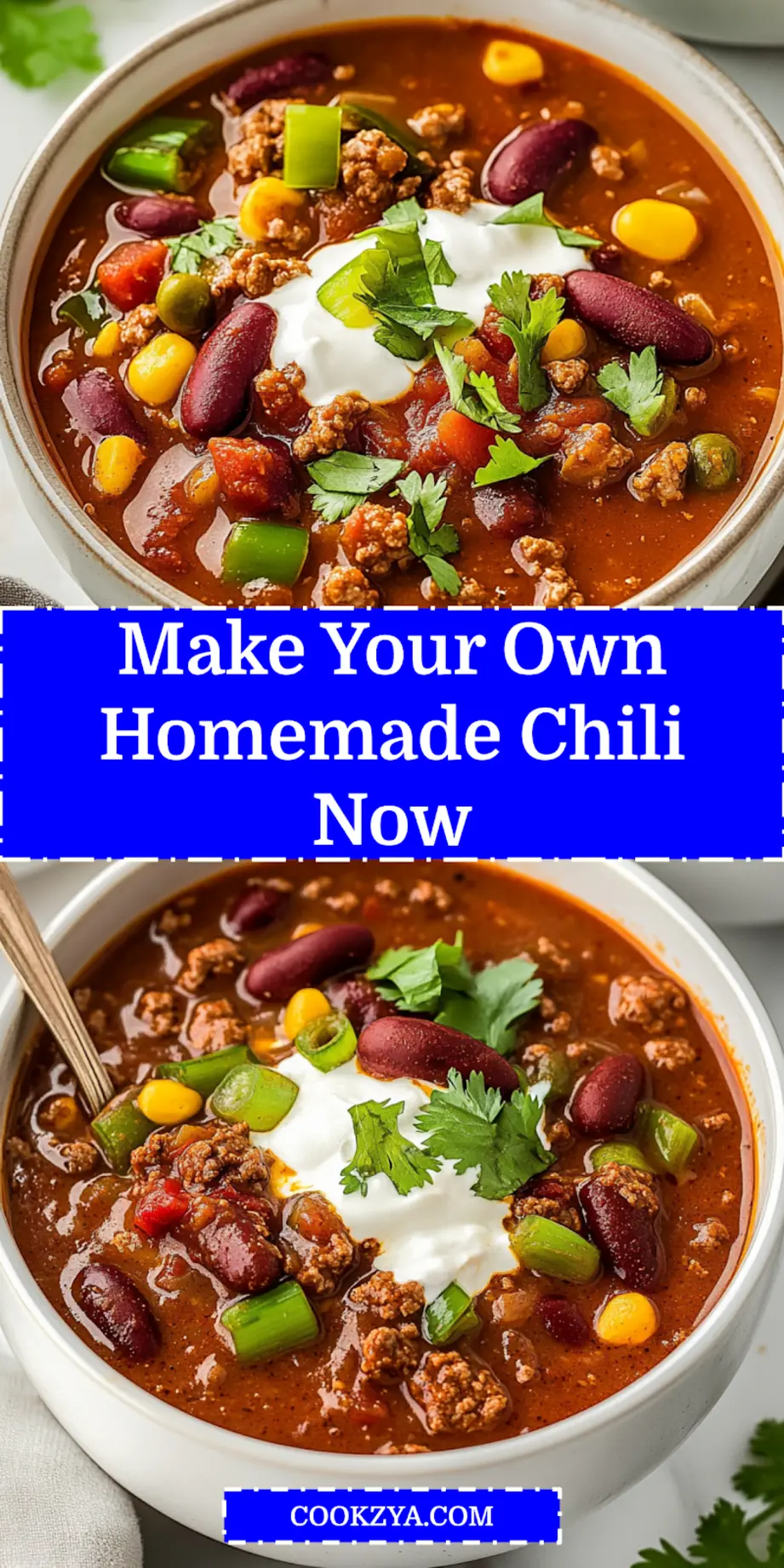 A hearty bowl of homemade chili garnished with shredded cheese and a dollop of sour cream, photographed for a Pinterest pin.