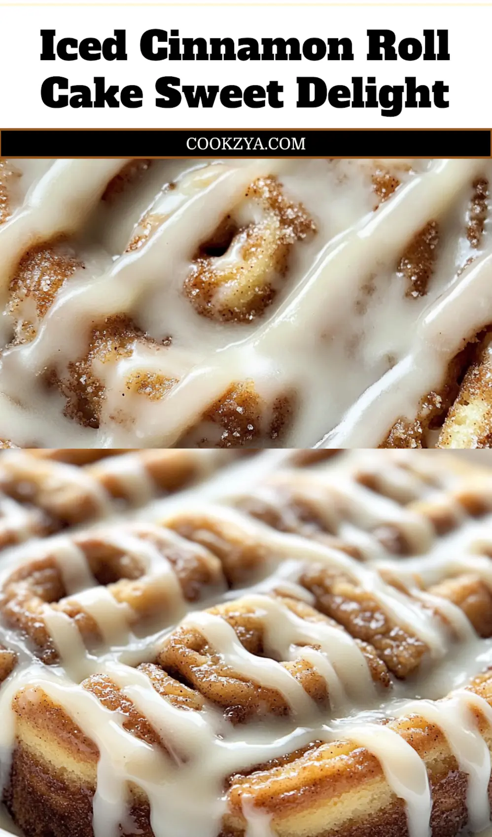 Delicious Iced Cinnamon Roll Cake, freshly baked with sweet icing and cinnamon swirls, ready to serve.