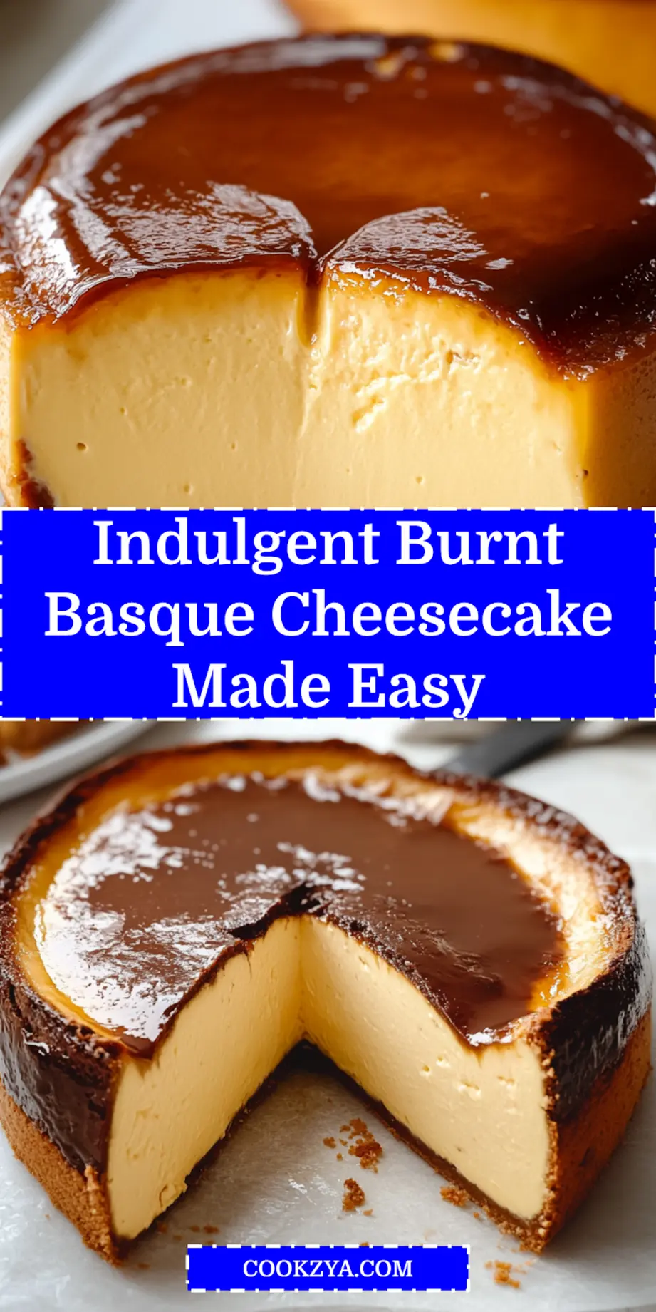 Indulgent Burnt Basque Cheesecake Recipe: Irresistibly Delicious 6 INDULGENT BURNT BASQUE CHEESECAKE centered hero view, clean and uncluttered_pin