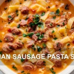 ITALIAN SAUSAGE PASTA SOUP centered hero view, clean and uncluttered