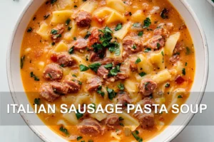ITALIAN SAUSAGE PASTA SOUP centered hero view, clean and uncluttered