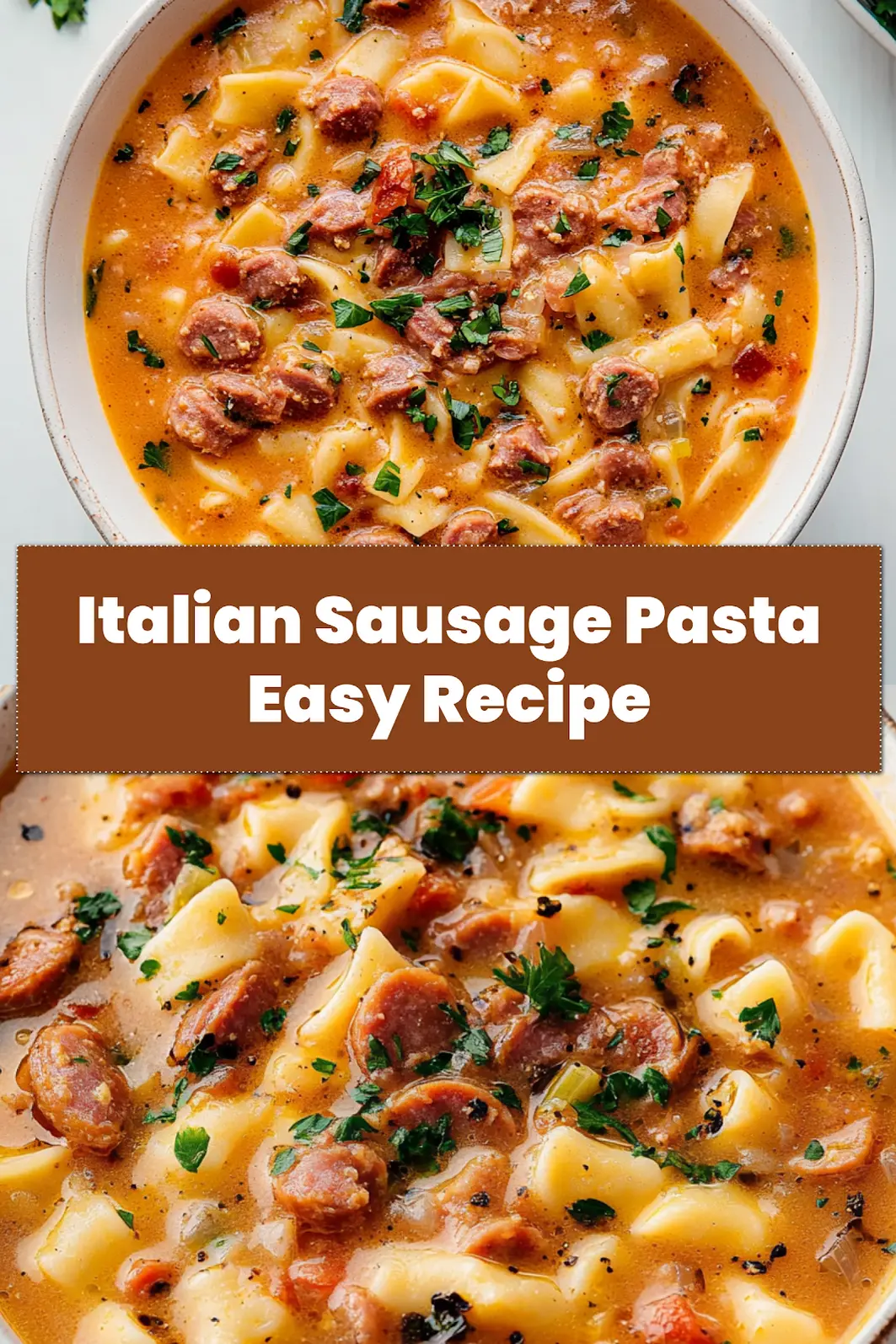 How to Make Italian Sausage Pasta Soup the Easy Way 7 A delicious overhead shot of a bowl of creamy Italian Sausage Pasta Soup, garnished with fresh herbs and a sprinkle of Parmesan, perfect for sharing.