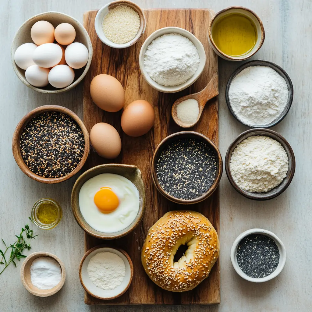 How to Make Air Fryer Bagels Irresistibly Good 6 Freshly baked golden brown Air Fryer Bagels on a wooden board, ready to serve