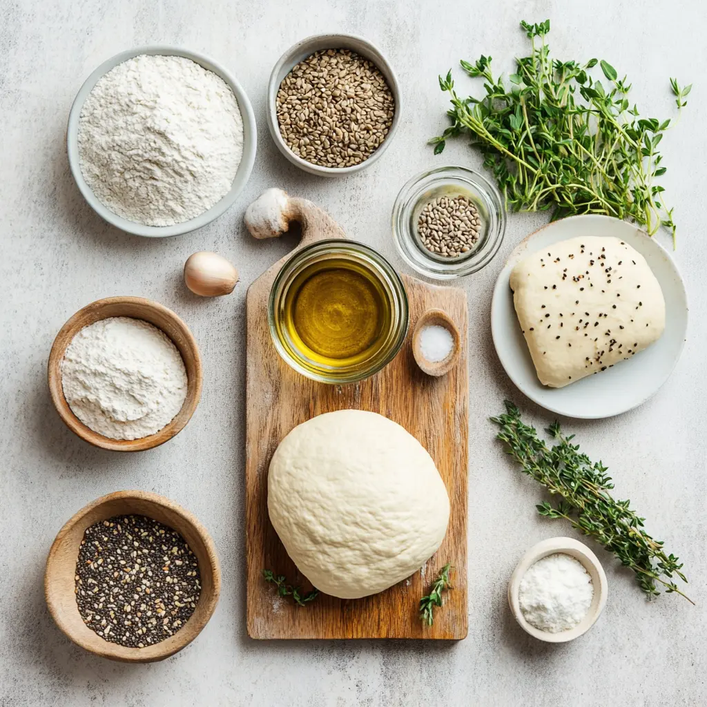 Arrangement of ingredients for Air Fryer Bread: flour, baking powder, sugar, salt, olive oil, and water in bowls.