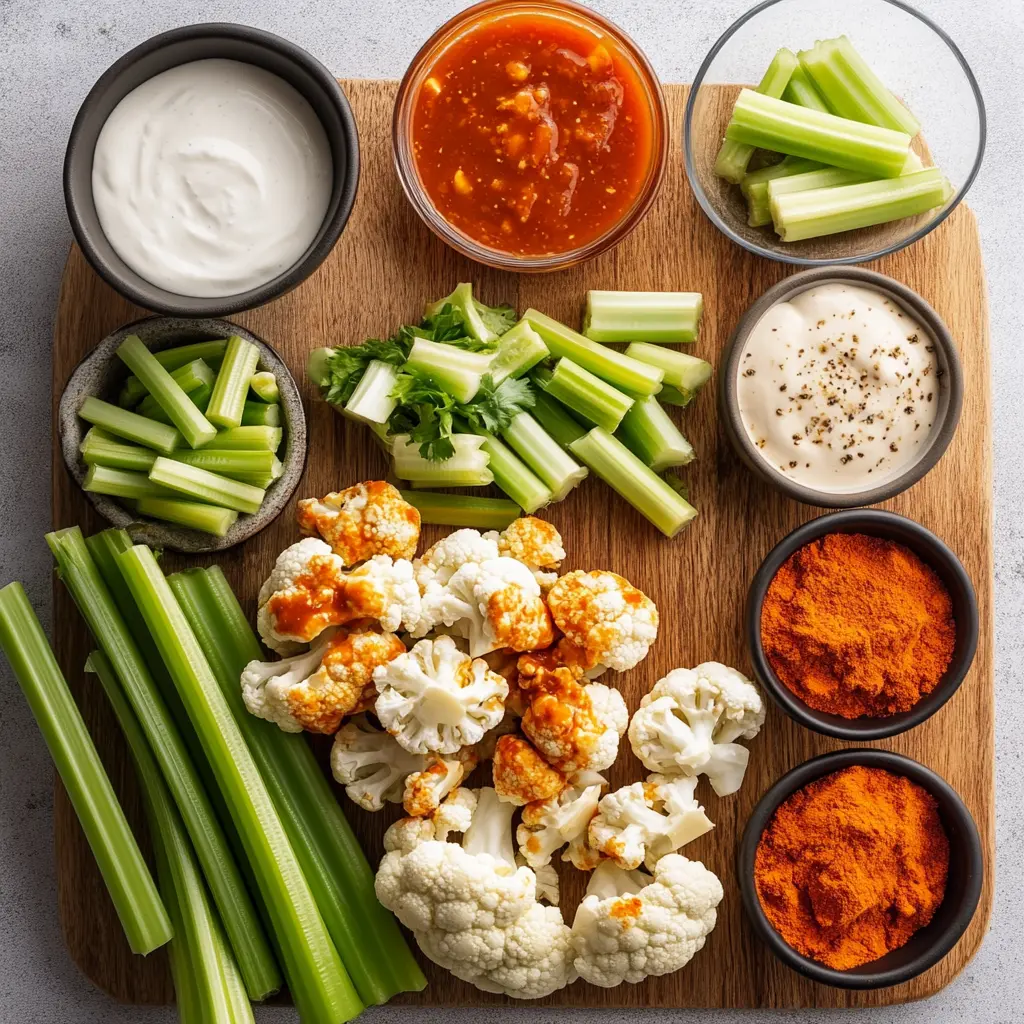 Crispy air fryer buffalo cauliflower florets, perfectly golden brown and coated in a vibrant red buffalo sauce, served with a side of ranch dressing and celery sticks.