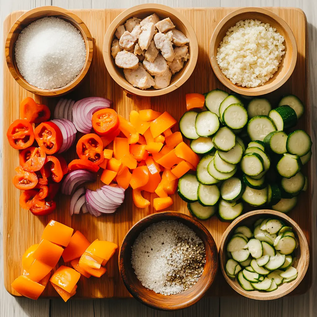How to Make Air Fryer Chicken Sausage Veggies 6 Vibrant plate of air-fried chicken sausage, red and orange bell peppers, red onion, and zucchini, perfectly browned.