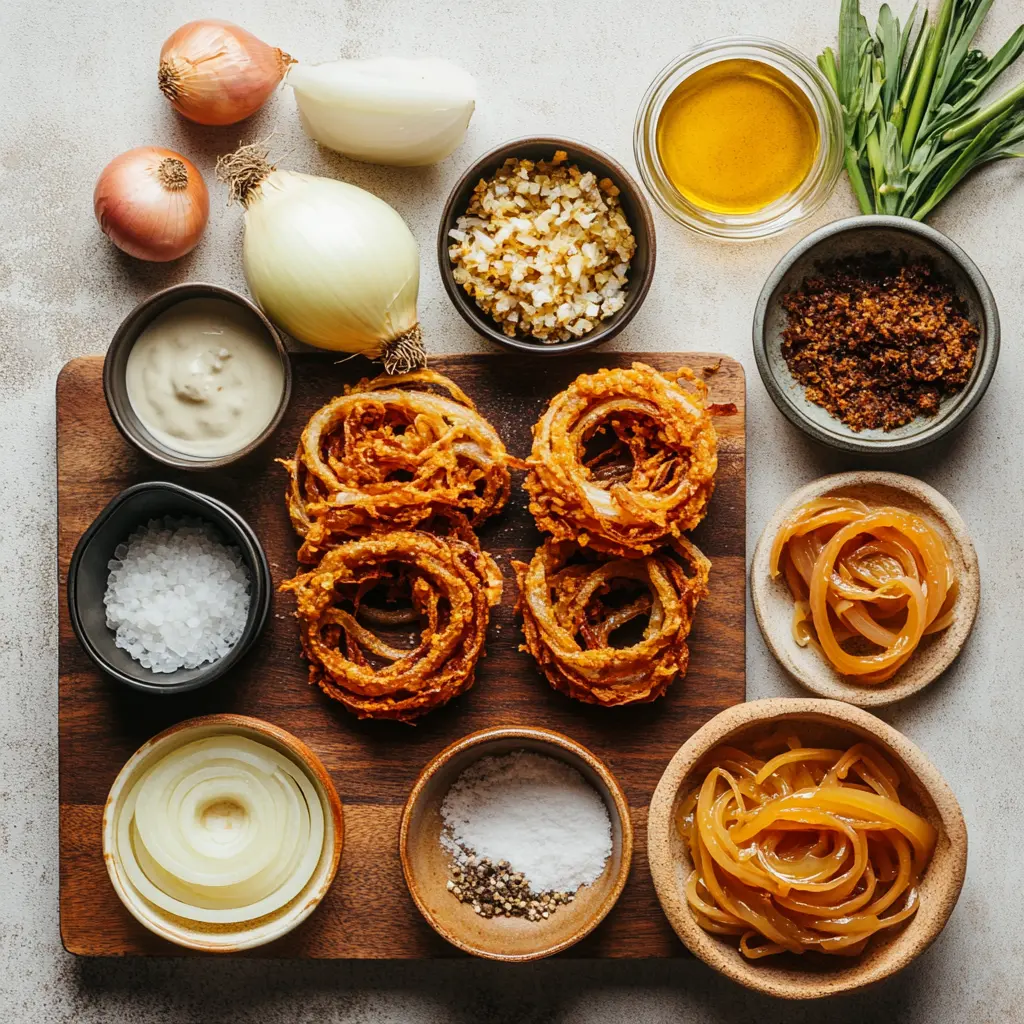 Close-up of golden brown Air Fryer Crispy Onions, perfectly scattered and ready to serve