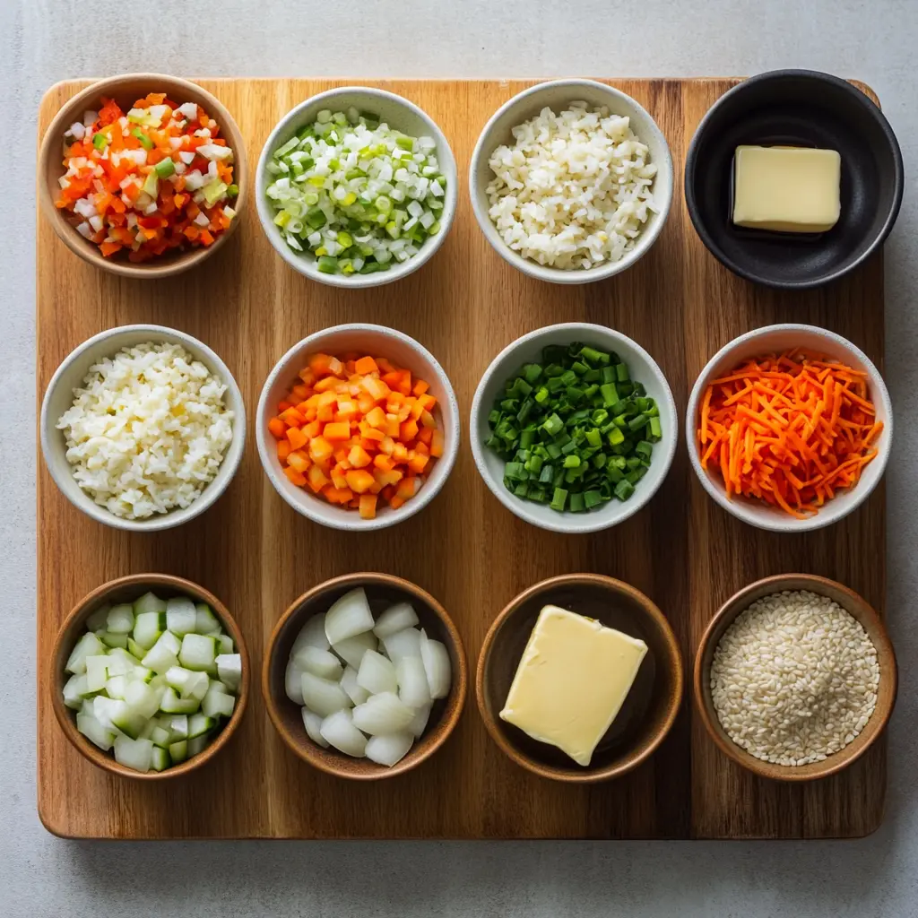 How to Make Air Fryer Fried Rice at Home 6 Deliciously Crispy Air Fryer Fried Rice, a quick and easy weeknight meal solution, hero shot with fresh ingredients