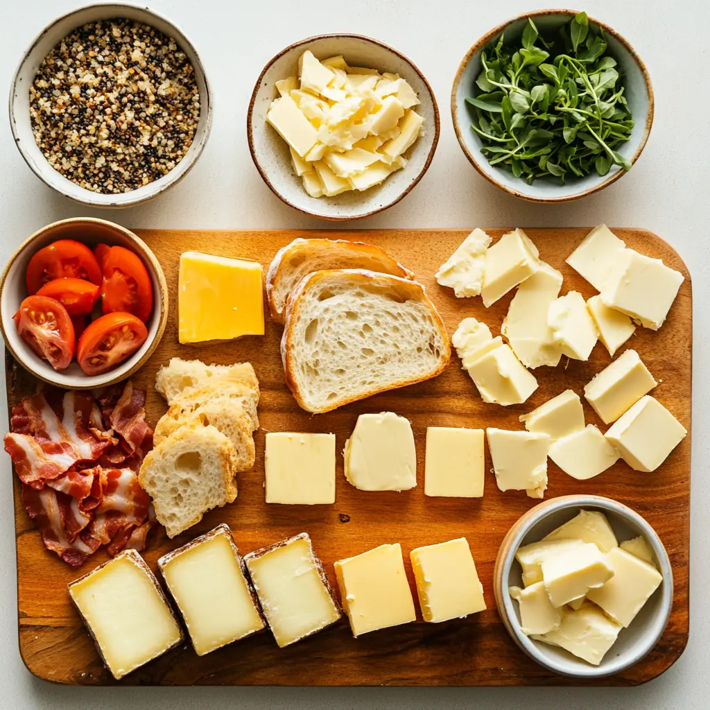 How to Make Crisp Air Fryer Grilled Cheese Recipe 6 A visually appealing flat lay of fresh ingredients for air fryer grilled cheese: slices of bread, a block of cheddar cheese, and a stick of softened butter, perfectly arranged on a clean surface.