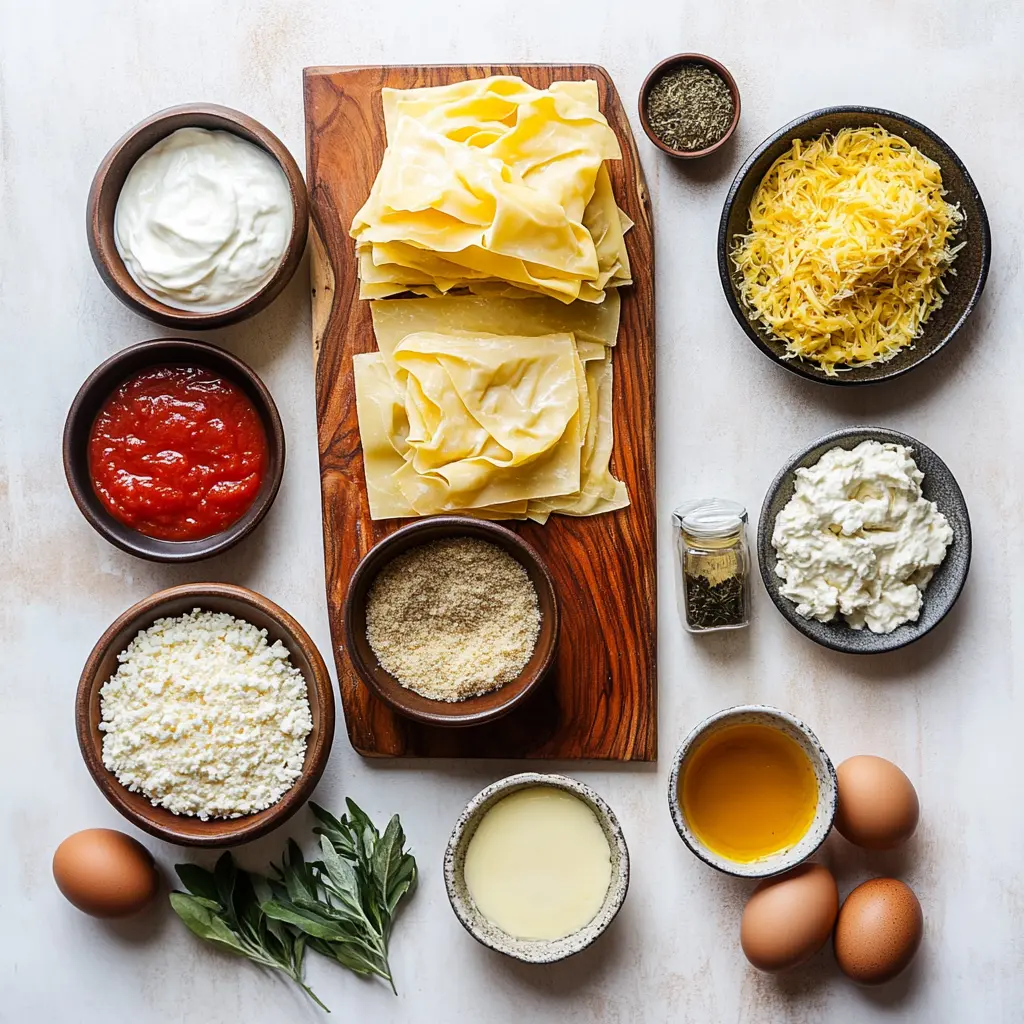 AIR FRYER LASAGNA FRITTA OLIVE GARDEN ingredients laid out, clean and uncluttered