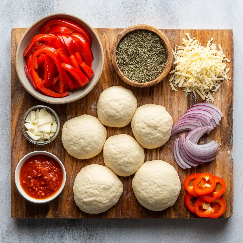 Air Fryer Pizza Rolls Recipe: Quick Delicious Snack 6 Close-up of fresh ingredients for Air Fryer Pizza Rolls, including store-bought pizza dough, shredded mozzarella cheese, and pepperoni slices.