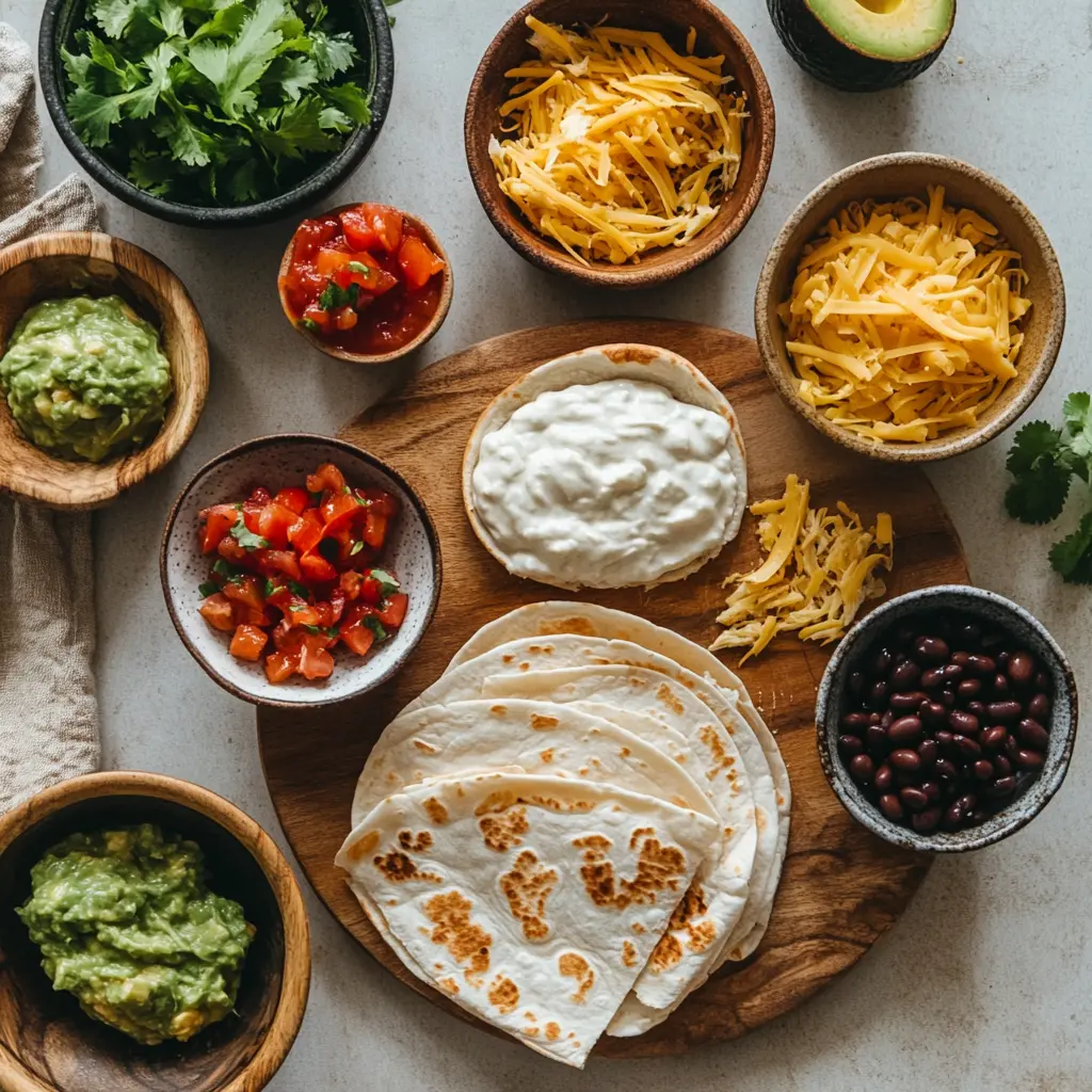 Ingredients for Air Fryer Quesadilla: flour tortillas, shredded cheese, cooked chicken, and salsa