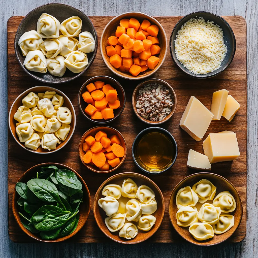 Autumn Tortellini Soup with Sausage: Cozy Delicious Recipe 4 Vibrant ingredients for Autumn Tortellini Soup with Sausage, including fresh vegetables like butternut squash and spinach, Italian sausage, and cheese tortellini, neatly arranged on a wooden board.