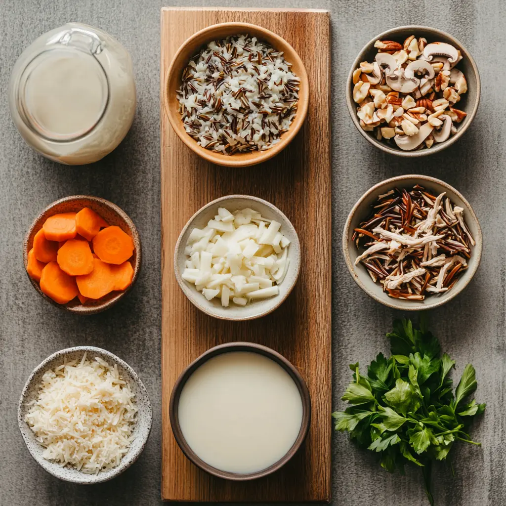 A vibrant, centered overhead shot of a steaming bowl of Autumn Wild Rice Soup, garnished with fresh parsley, highlighting its rich, creamy texture and visible pieces of wild rice, carrots, and mushrooms.