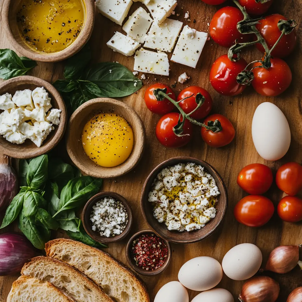 BAKED FETA EGGS RECIPE centered hero view, clean and uncluttered