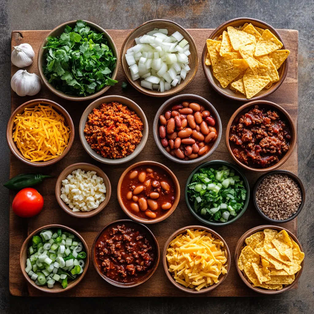 A steaming bowl of homemade beef chili topped with shredded cheese and a dollop of sour cream, viewed from above.