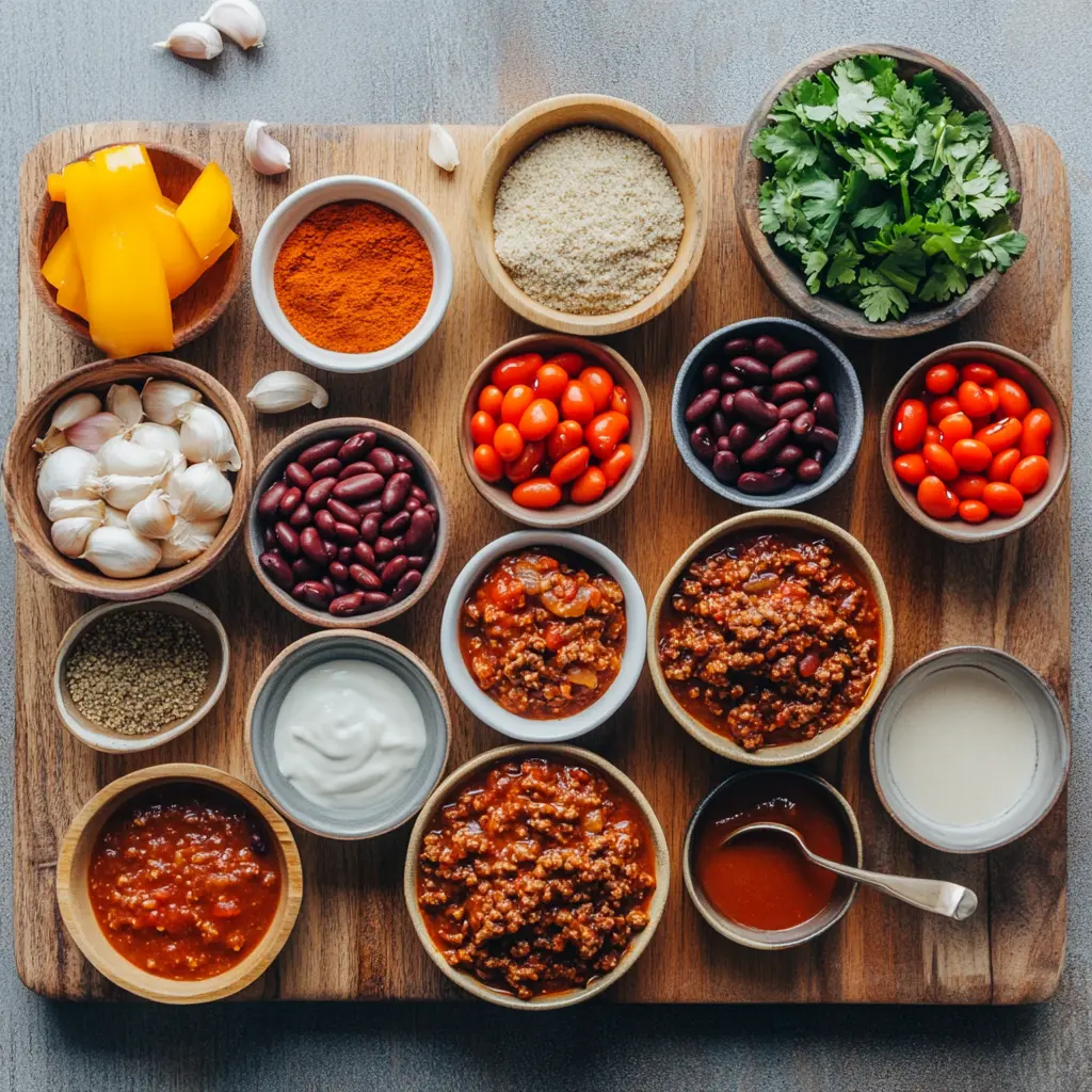 Hearty bowl of BEST GROUND BEEF STOVETOP CHILI, garnished and ready to eat