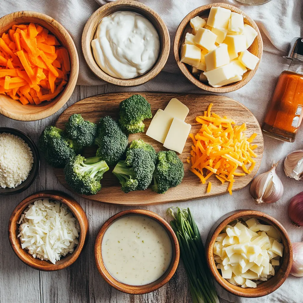 Fresh ingredients for Creamy Broccoli Cheddar Soup, including vibrant broccoli florets, shredded cheddar cheese, sliced carrots, and a carton of half-and-half, arranged on a rustic wooden board.