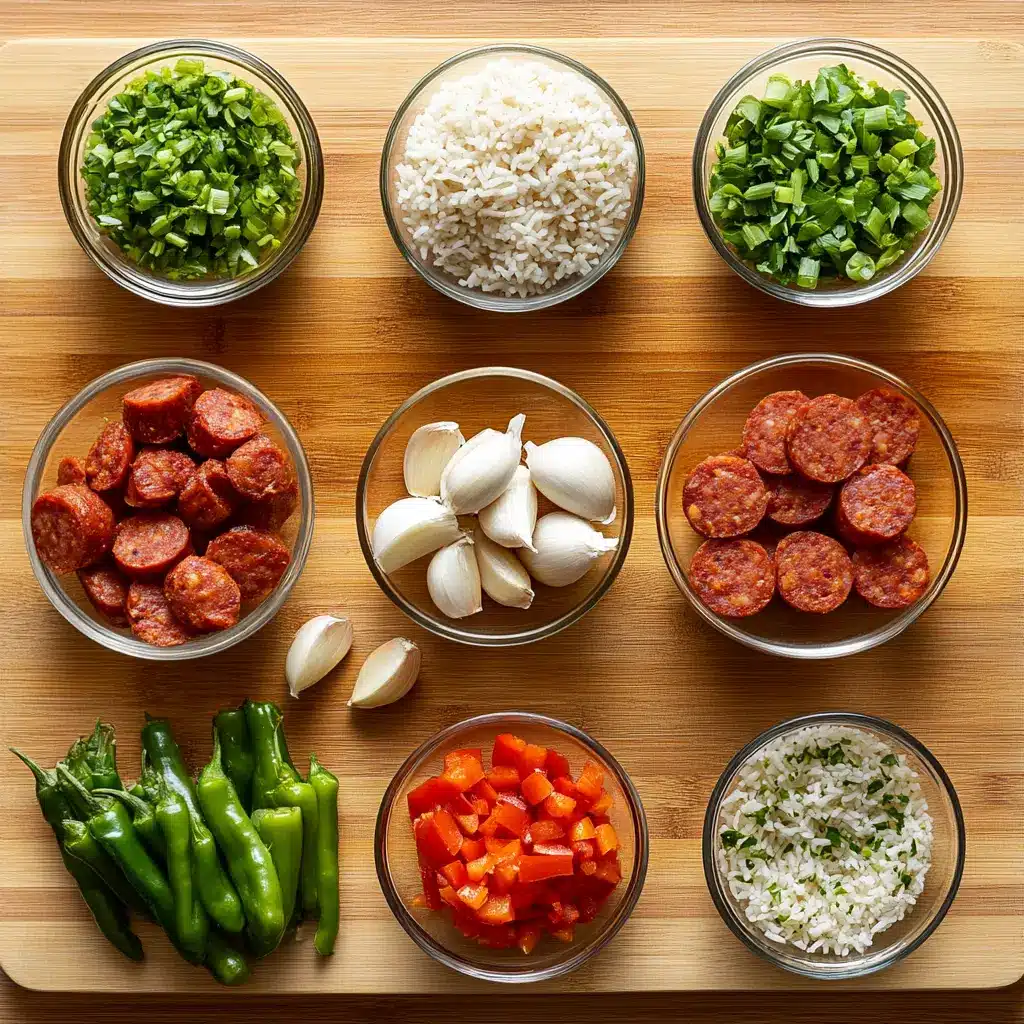 Close-up of ingredients for Cajun Sausage and Rice Skillet: smoked sausage, bell peppers, onion, garlic, Cajun seasoning, rice, and chicken broth arranged on a wooden board