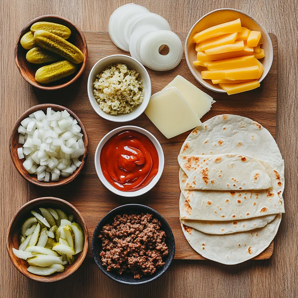 Ingredients for Cheeseburger Quesadilla, including ground beef, cheddar cheese, tortillas, pickles, and sauce components, laid out on a clean surface.