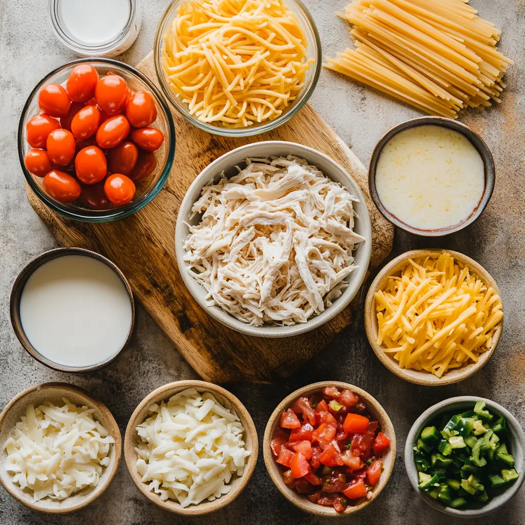 Cheesy Chicken Spaghetti Casserole Recipe: Easy and Delicious Meal 5 A close-up, top-down view of the raw ingredients for Cheesy Chicken Spaghetti Casserole, including shredded chicken, uncooked spaghetti, cheddar cheese, cream of chicken soup, Rotel tomatoes, and various seasonings, all neatly arranged on a clean, light surface.