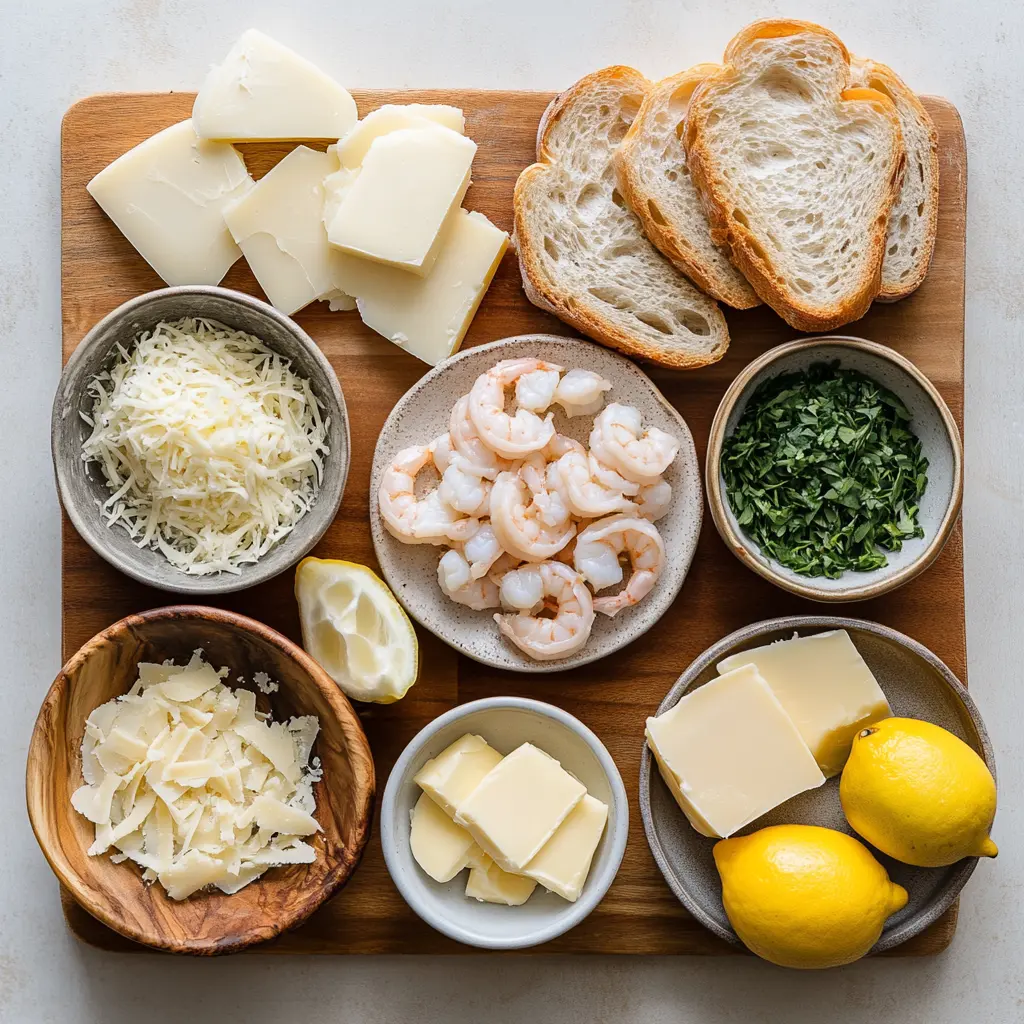 CHEESY GARLIC BREAD SHRIMP GRILLED CHEESE centered hero view, clean and uncluttered