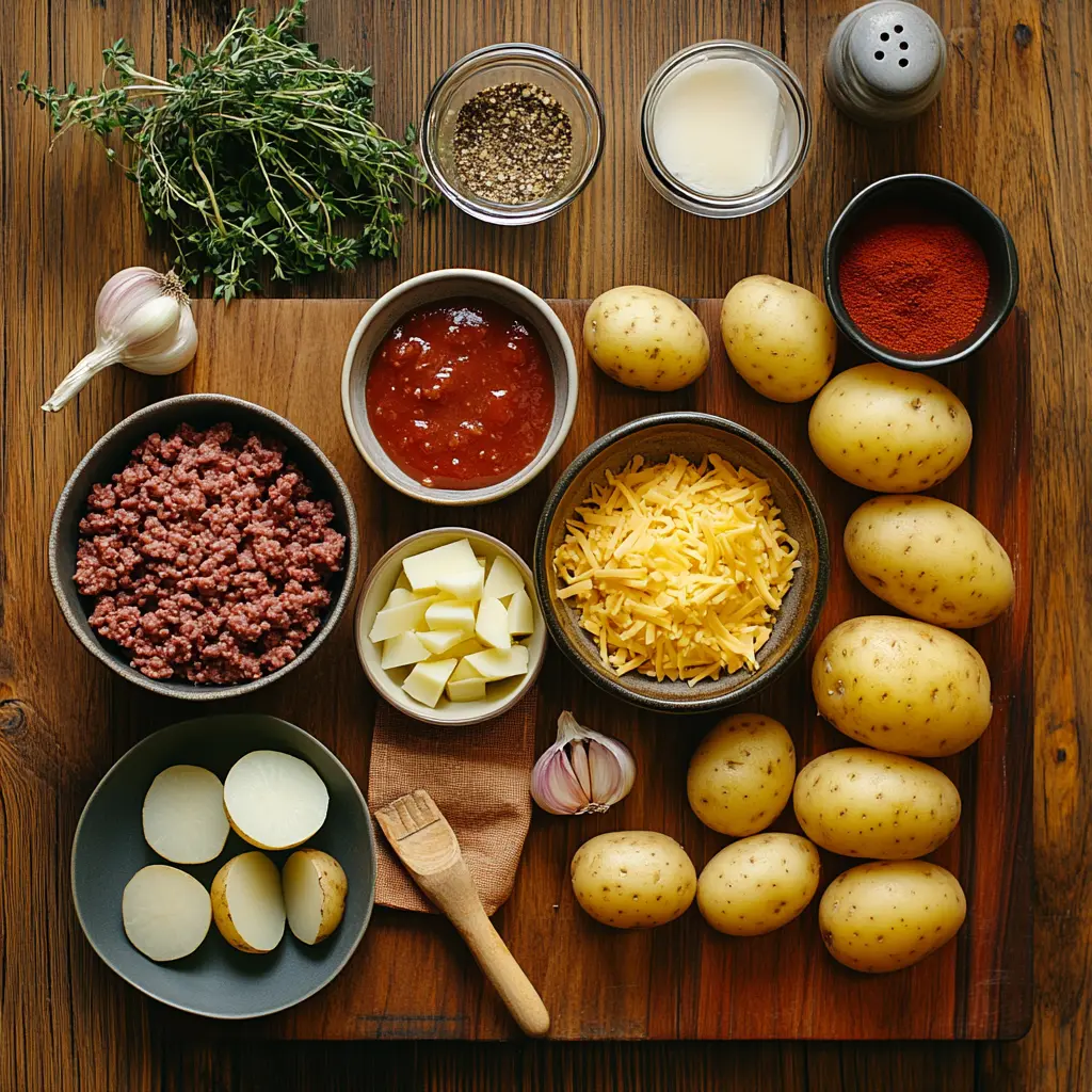 Overhead view of ingredients for Cheesy Ground Beef and Potatoes, including diced potatoes, ground beef, shredded cheese, and spices.
