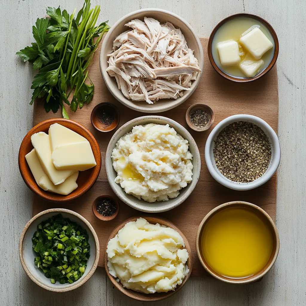 Fresh ingredients laid out for making Chicken and Gravy, including raw chicken thighs, butter, flour, spices, and broth.