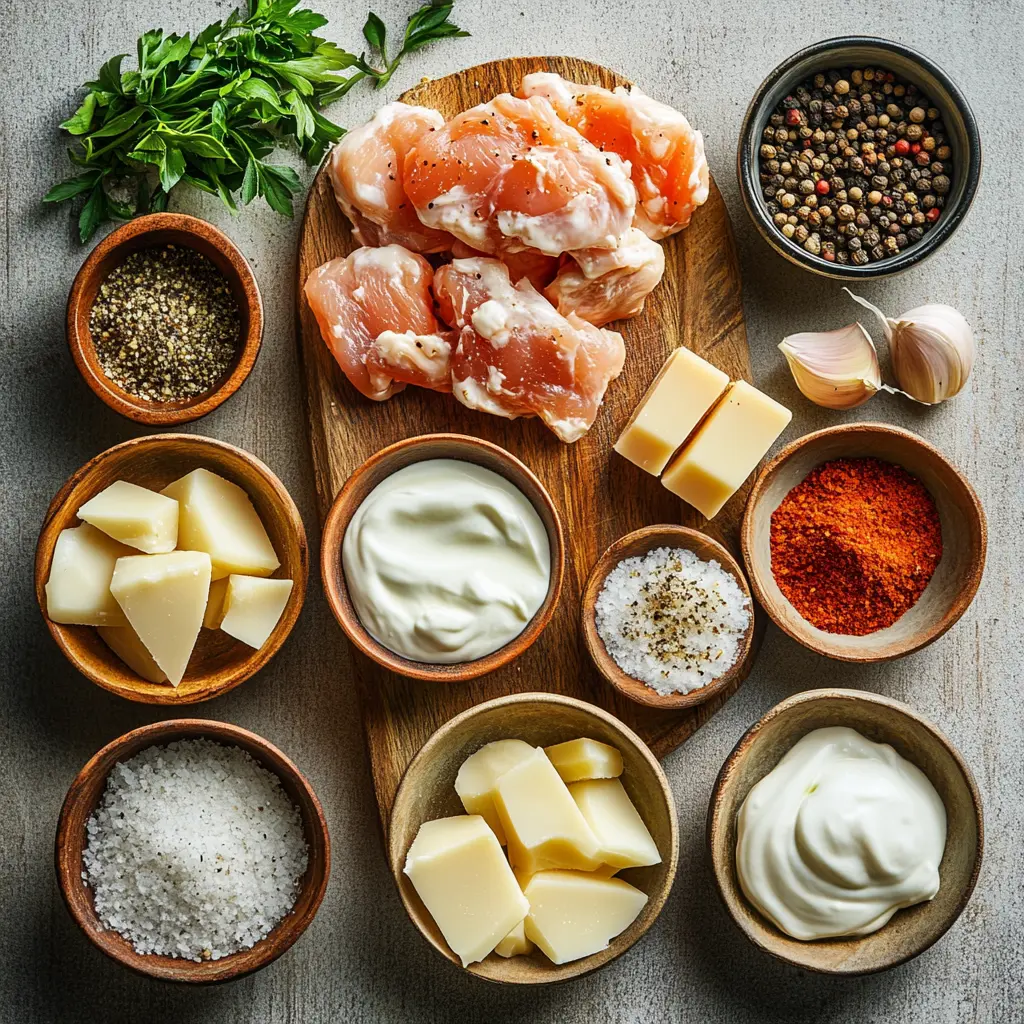 A mouth-watering image of raw chicken breasts coated in a creamy parmesan-garlic mixture, ready for baking, centered and brightly lit.