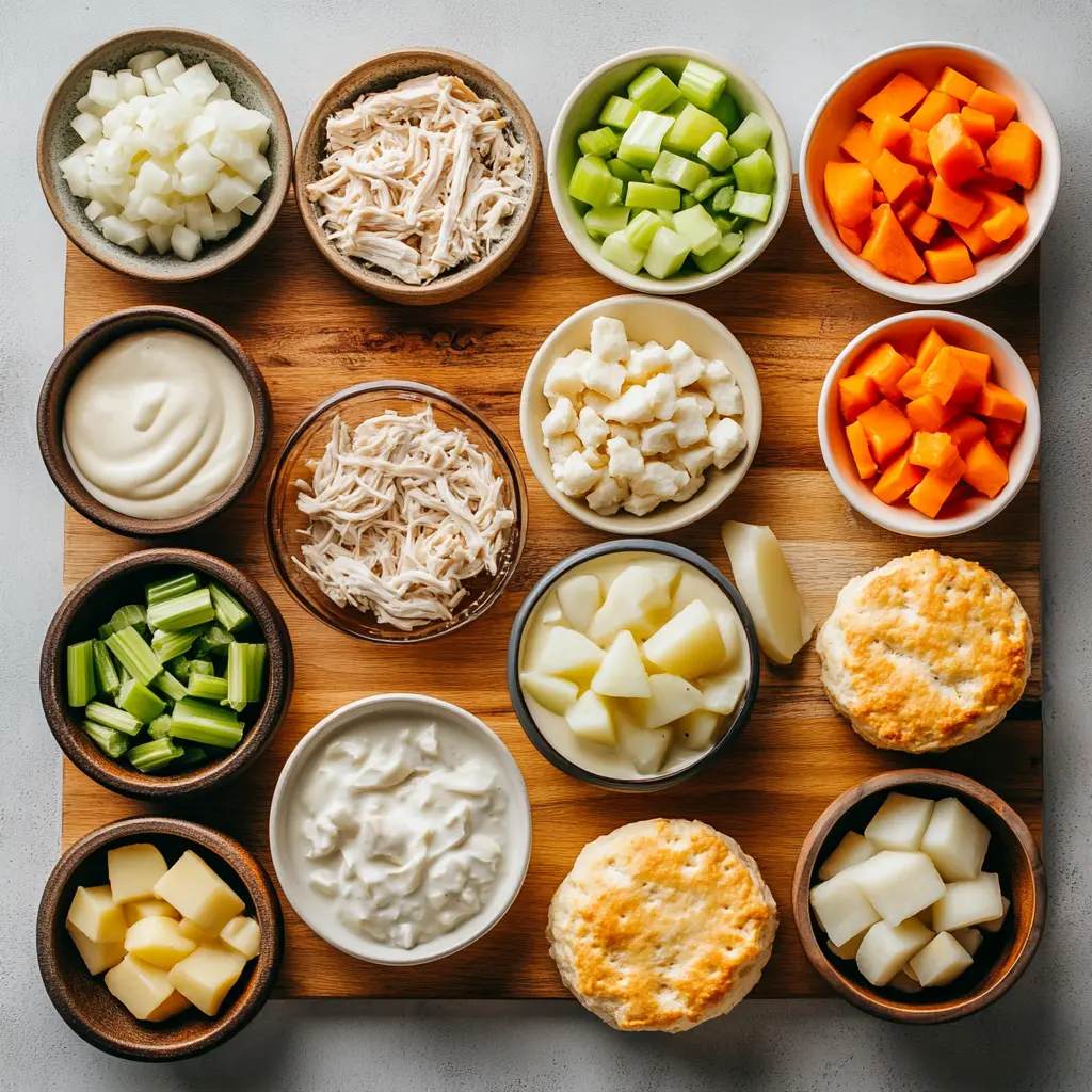 Ingredients laid out for a Chicken Pot Pie Crock Pot recipe, centered and clean