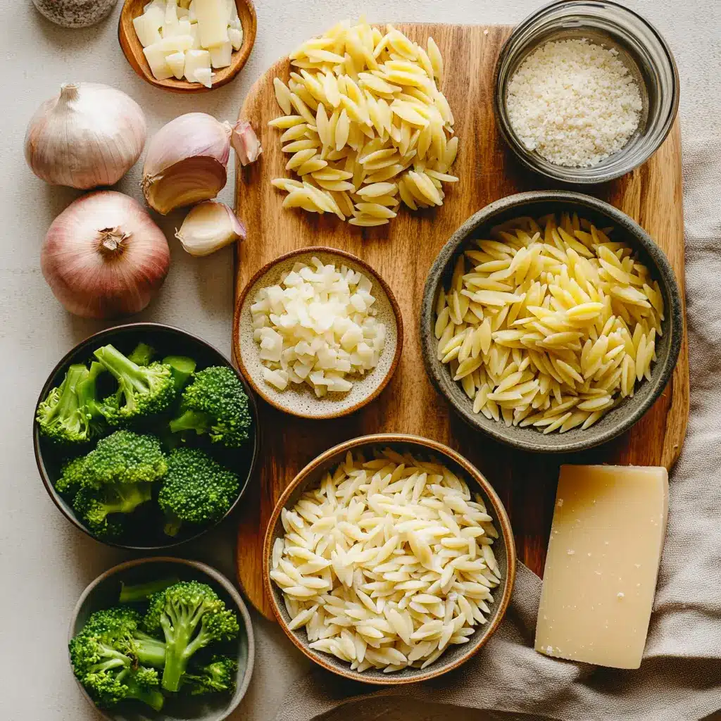 CHICKEN SAUSAGE AND BROCCOLI ORZO RECIPE centered hero view, clean and uncluttered