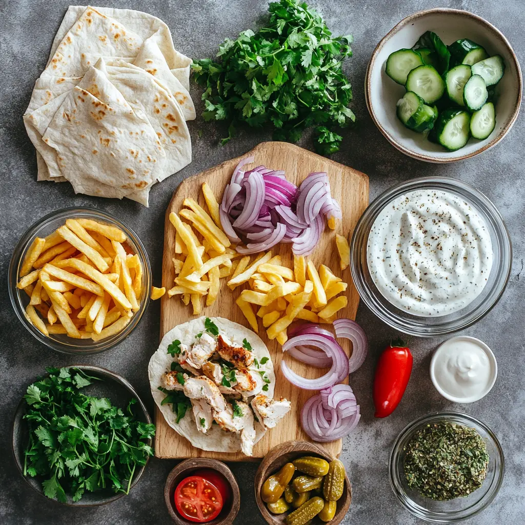 A vibrant close-up of all the fresh ingredients laid out for a Chicken Shawarma Wrap, including chicken, vegetables, spices, and sauces, ready for preparation.