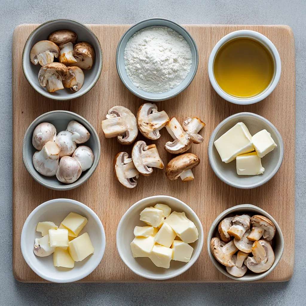Ingredients for Chicken Stroganoff including chicken breasts, cremini mushrooms, sour cream, and herbs, arranged for cooking