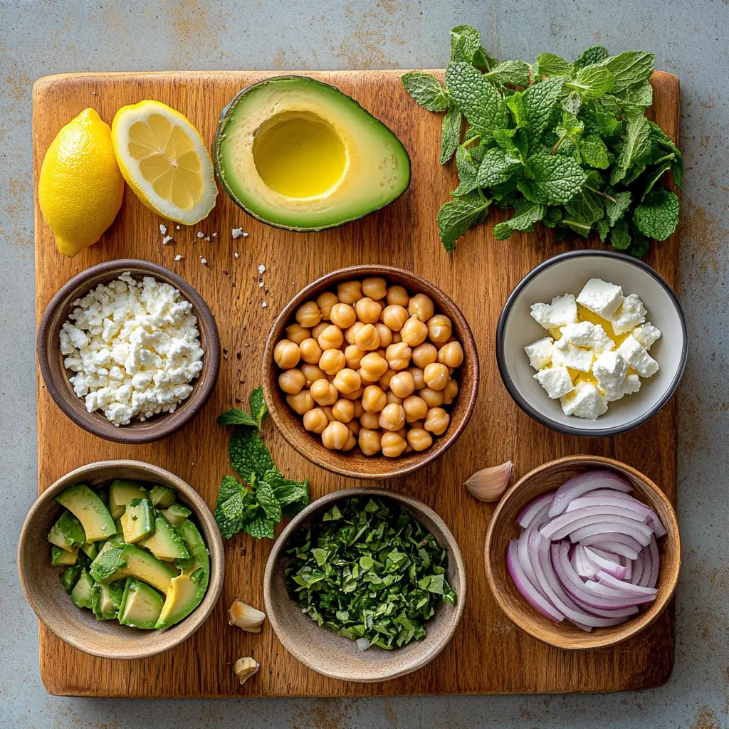 CHICKPEA FETA AVOCADO SALAD centered hero view, clean and uncluttered