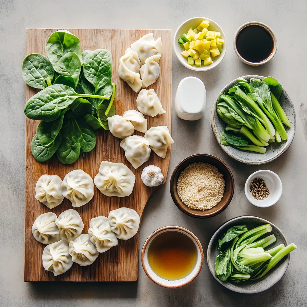 Ingredients for Comforting Potsticker Soup arranged on a white background: a package of frozen dumplings, fresh ginger, garlic, a bunch of spinach, and green onions.