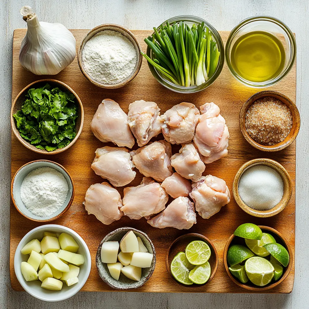 Fresh ingredients laid out for Creamy Coconut Lime Chicken, including raw chicken thighs, limes, fresh cilantro, canned coconut milk, and spices.