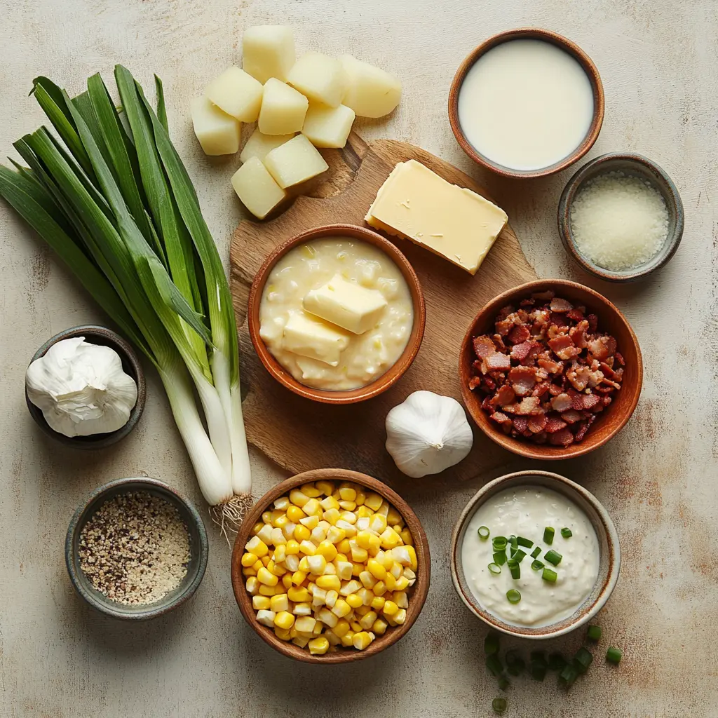 CREAMY CORN CHOWDER WITH CRISPY BACON centered hero view, clean and uncluttered