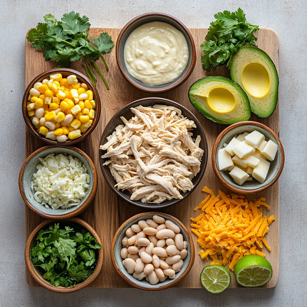 Arrangement of fresh ingredients for Creamy Crockpot White Chicken Chili, including chicken breasts, white beans, green chilies, cream cheese, and spices.