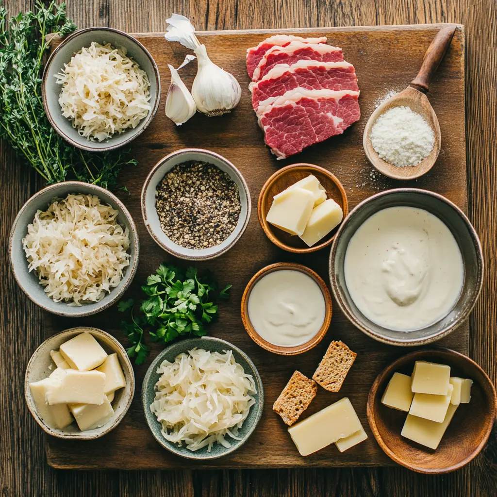 Ingredients for Creamy Reuben Soup, artfully arranged on a clean background